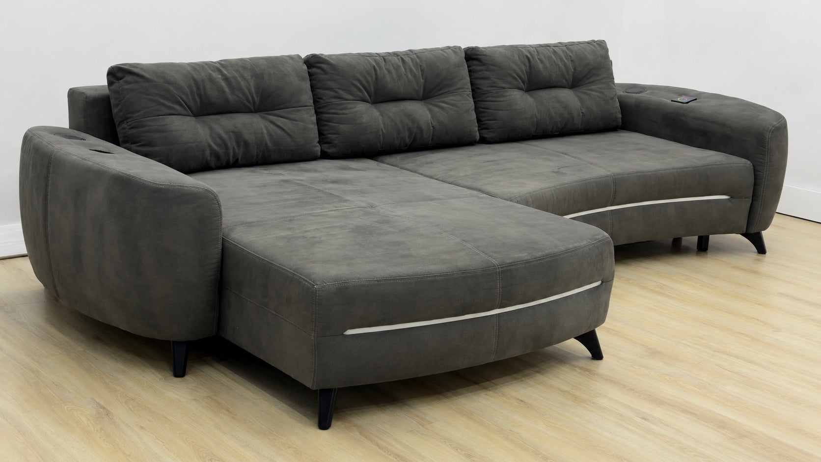 Colțar extensibil premium cu LED, boxe Bluetooth și ladă de depozitare – 335 x 185 cm