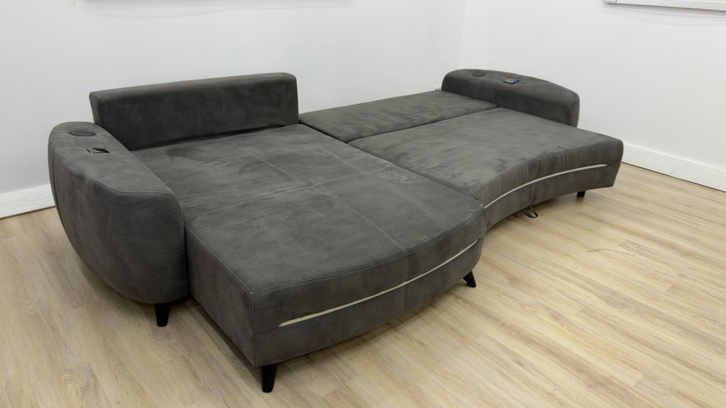 Colțar extensibil premium cu LED, boxe Bluetooth și ladă de depozitare – 335 x 185 cm
