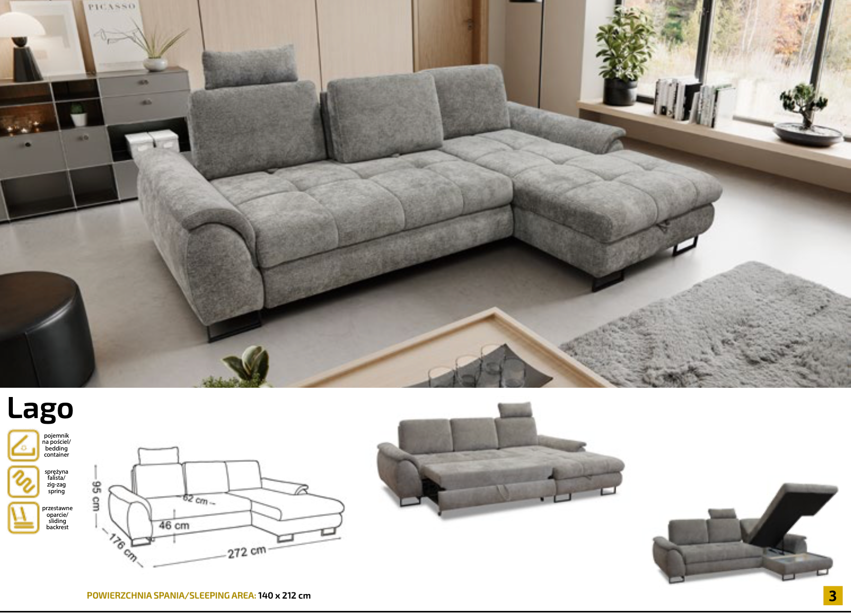 Colțar extensibil „Lago” – Import Germania 272 Cm / 176 Cm
