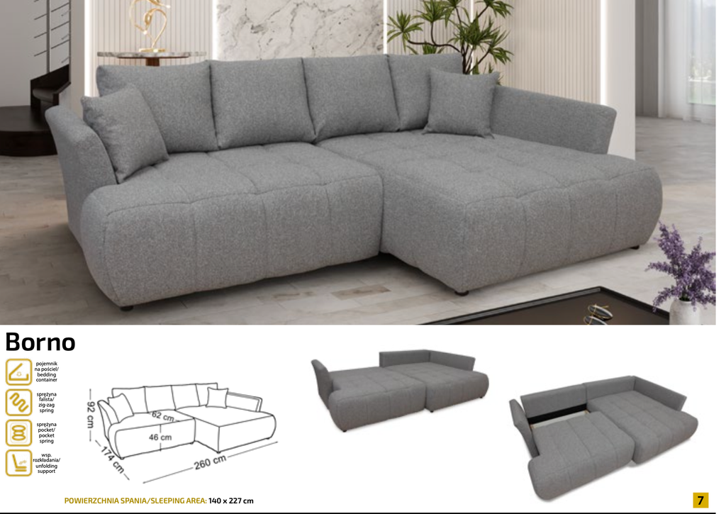 Colțar extensibil „Borno” cu ladă depozitare – 260 cm / 174 cm Import Germania