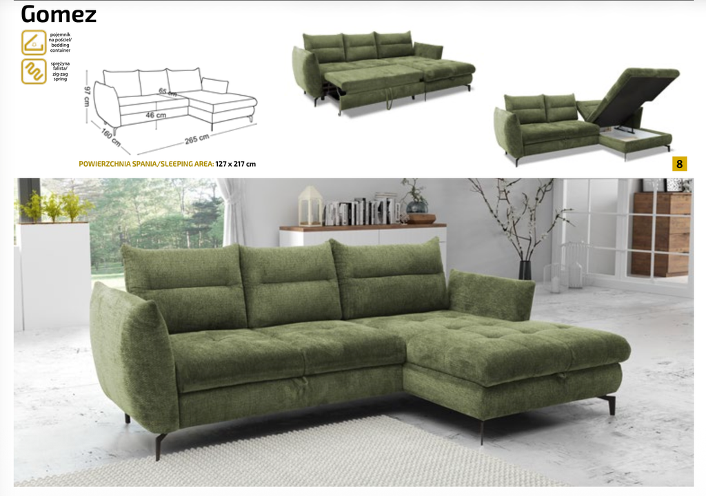 Colțar extensibil „Gomez” cu ladă depozitare – 265cm/160cm ; confort premium