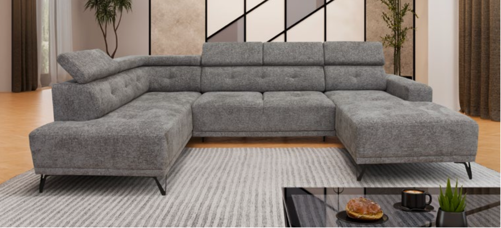 Colțar în formă de U „Kloe I” – extensibil, tetiere reglabile, confort premium | EMYMOB 342 cm/ 202 cm/ 178 cm