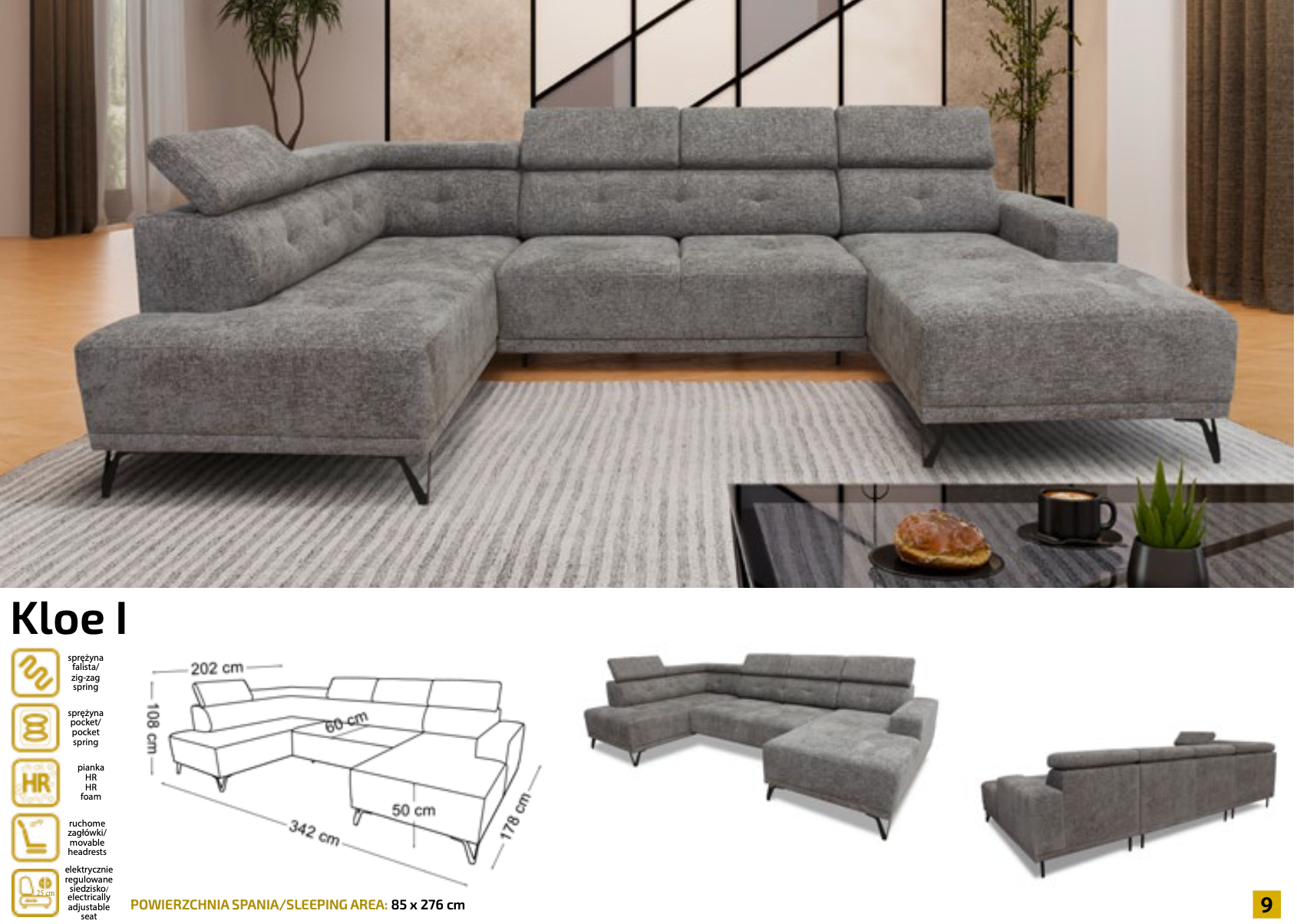 Colțar în formă de U „Kloe I” – extensibil, tetiere reglabile, confort premium | EMYMOB 342 cm/ 202 cm/ 178 cm