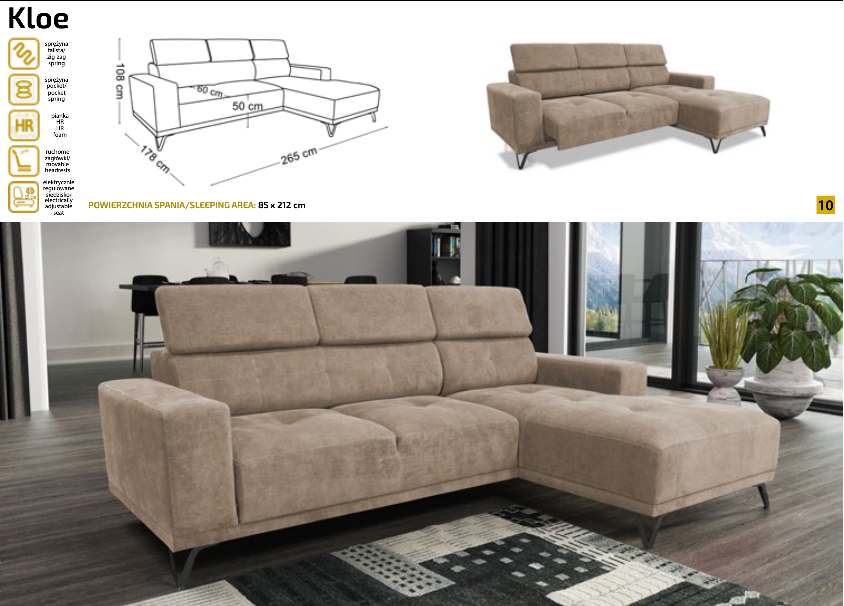 Colțar extensibil electric „Kloe” – confort premium, design modern | EMYMOB 265 cm / 178 cm